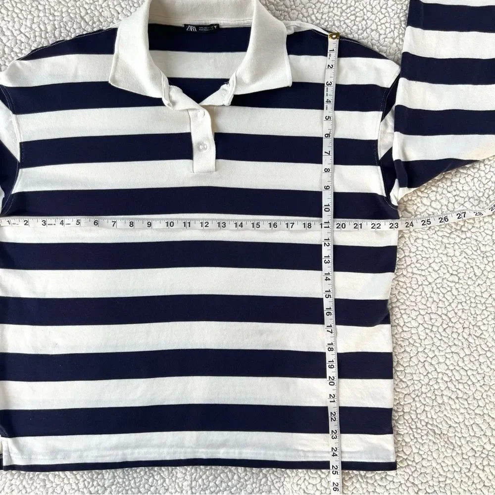 Zara Navy White Striped Long-Sleeve Cotton Rugby Preppy Polo Shirt Top SZ L - Picture 6 of 11